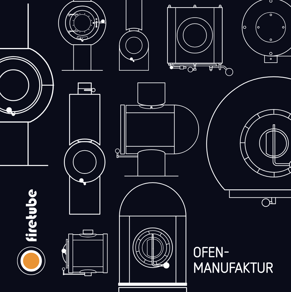 Weiße Zeichnungen verschiedener firetube Öfen auf schwarzem Hintergrund; unten links firetube Logo, unten rechts der Schriftzug „OFEN-MANUFAKTUR“.